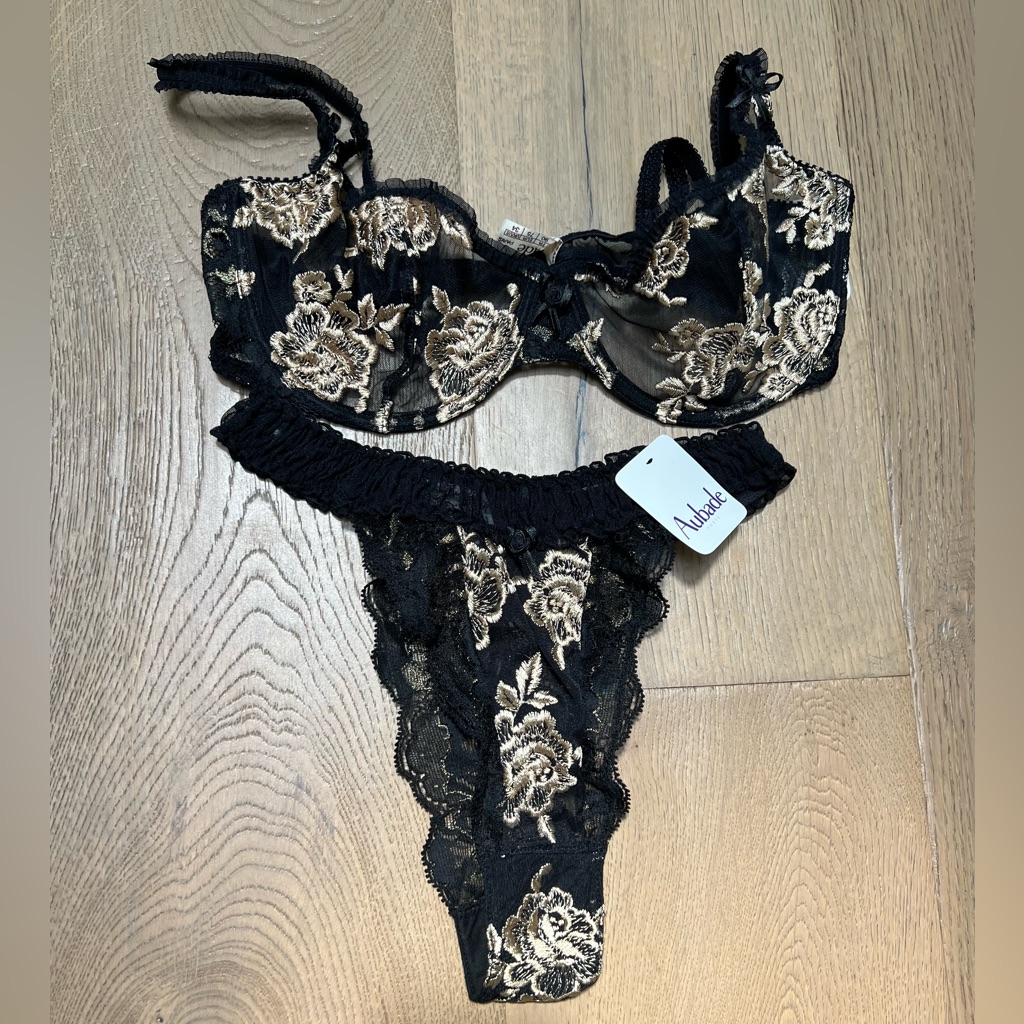 Nwt Aubade Vintage French Black And Gold Sheer Bra And Panty Set In Size 34c/M.